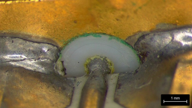 SMA connector with green corrosion between the gold-plated brass body and the PTFE dielectric, and yellow corrosion around the center pin