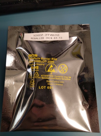 ESD moisture barrier bag labeled "XCKU5P-2FFVB676I"