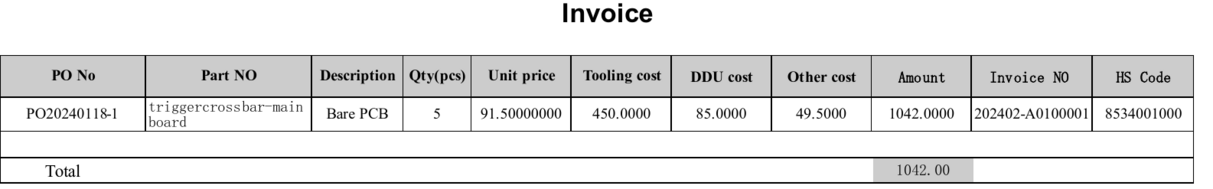 PCB invoice for 5 boards at $91.50 each, $450 tooling, $85 shipping, $49.50 bank fee, $1042 total