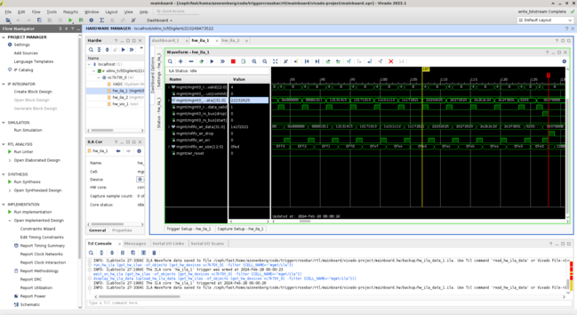 Screenshot of Vivado logic analyzer showing Ethernet frame data
