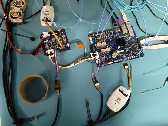 The newly reworked board surrounded by cables