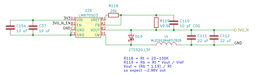 Schematic showing LMR70503 paired with 2x 10 uF MLCC at input, CTS520,L3F diode, MLZ2012N4R7LTD25 inductor, and 2x 22 uF MLCC output caps.