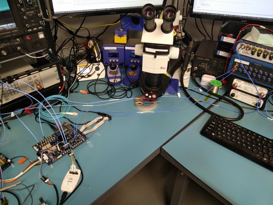 Lab bench with the trigger crossbar connected to my BERT with a pair of cables that are definitely not specced to be this well skew matched