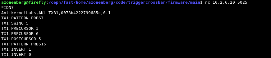 SCPI console showing some basic configuration on the BERT TX