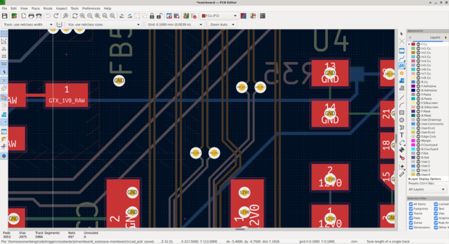 KiCAD layout screenshot showing differential pair without adjacent return path via
