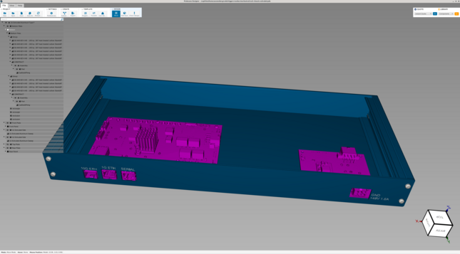 CAD model of trigger crossbar board and power supply board in enclosure, showing rear panel connector cutouts