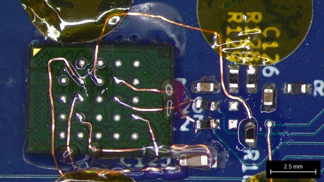 In-process view of the bodge with kapton tape and flux everywhere
