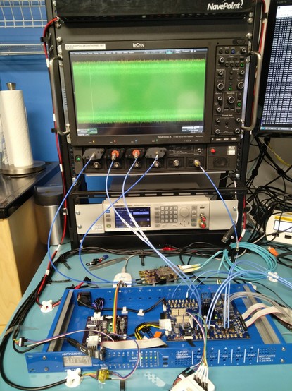 16 GHz oscilloscope with coaxial cables going down to the test fixtur