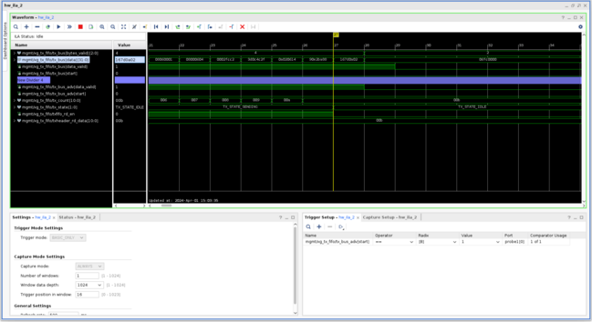 Vivado ILA screenshot showing the outbound frame ending with ...167d0a02 06fc