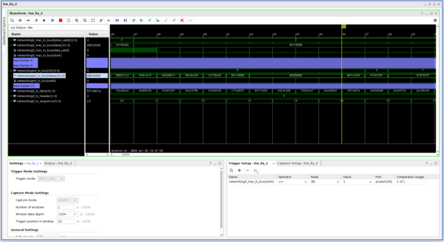 Vivado ILA screenshot showing extra 06fc at the end of the frame