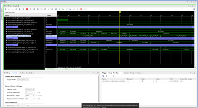 Vivado ILA screenshot showing 0x06fc0000 in mac_tx_bus.data and tx_crc_din