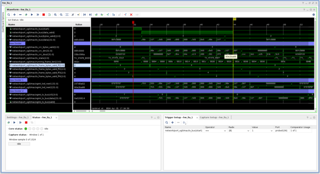 Vivado ILA screenshot showing 2-byte width being propagated down the pipeline of the MAC