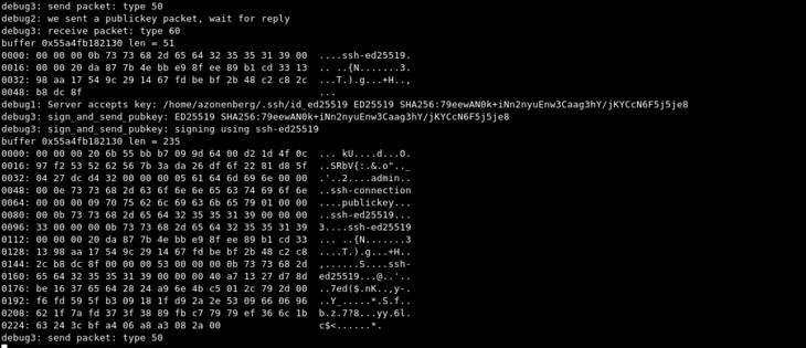 OpenSSH console screenshot showing raw hex dump of the data being signed as a part of a ssh-ed25519 login attempt