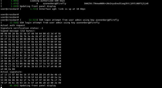 staticnet console screenshot showing hexdump of the data the server is checking the signature over. It's 23 bytes shorter and obviously different from what OpenSSH signed so the signature fails.