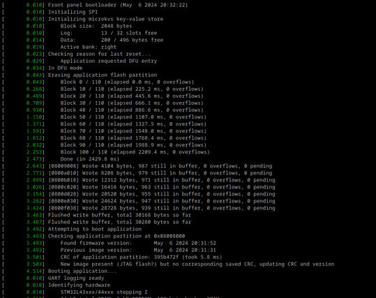 Serial console log of front panel MCU showing bootloader entering DFU mode, erasing the application, writing new application to flash, and booting it successfully