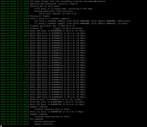 UART console log showing main MCU parsing ELF headers for front panel firmware image, then pushing it to the front panel MCU