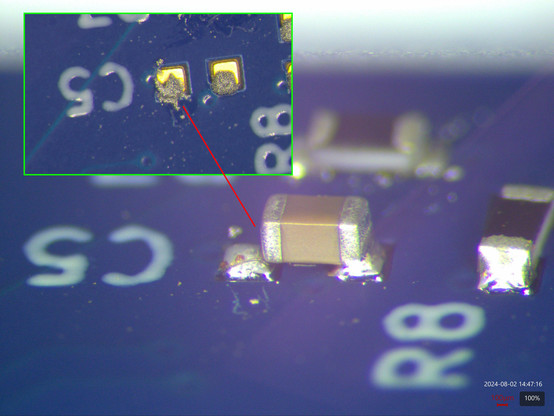 Composite image of the C5 area before reflow and after rework (showing the somewhat ugly solder paste deposit) and after reflow (showing the same end of the ceramic capacitor floating above the solde-coated pad with no wetting of the capacitor visible)