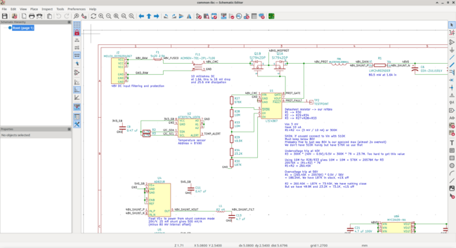 Schematic of the input protection:

2.5 amp fuse -> common mode choke -> dual PMOS -> ferrite bead -> current shunt -> bulk capacitor.

The LTC4367 connects (via a resistive divider) to the output of the CMC, the gate of the PMOS, and the output voltage.