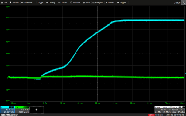 Scope trace showing blue channel rising over about 50ms from 0 to 48V while green channel jumps slightly at time zero but  is otherwise flatlined