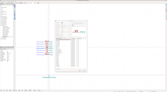 KiCAD schematic symbol editor showing a pin labeled PC3 which has 23 alternate functions