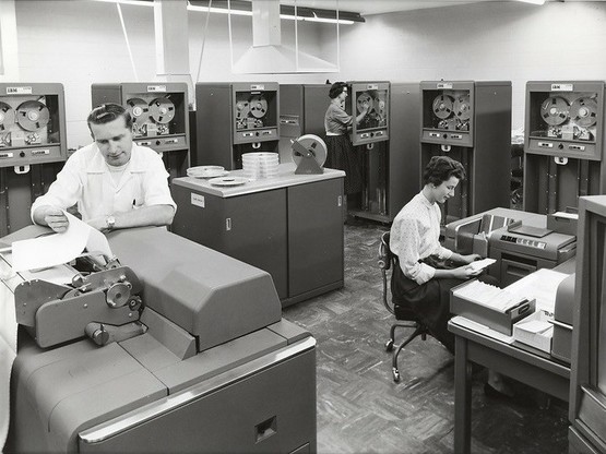 “In April 1955 the first of four IBM 704s arrived at Lawrence Livermore National Laboratory. The main virtue of the 704 was a larger and improved memory based on ferrite cores, and hardware support for floating point arithmetic. It was faster than the IBM 701 and vastly more reliable. The 704 introduced the use of Index Registers to facilitate addressing. One of the major accessories was a CRT system that allowed direct viewing and/or recording of data on 35mm filmstrips.”

source https://www.flickr.com/photos/llnl/4885203073/