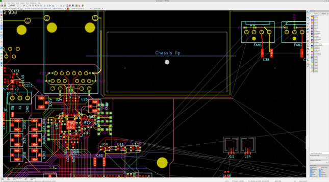 KiCAD layout view showing how deep the lip goes. Several parts are in the way of where the fan needs to move to