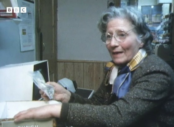 Phyllis at her computer system, a Commodore PET with hard drive and printer. 

Phyllis showing the computer hardware kit she is building to make an “Electronic Gadget”.