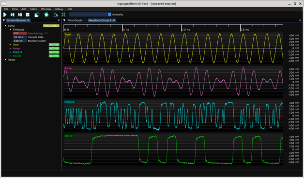 Screenshot of ngscopeclient with title bar reading "v0.1-rc1"