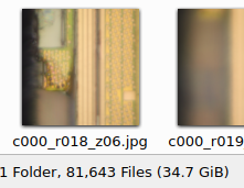 File browser screenshot showing 81643 files totaling 34.7 GB of jpegs