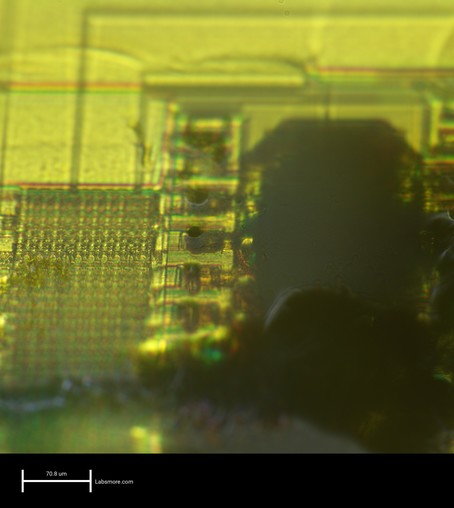 Angled optical microscope view of an inkjet print head showing a deep trench full of ink covered by a yellow polyimide membrane. A series of tiny holes are drilled in the membrane over tiny holes full of ink