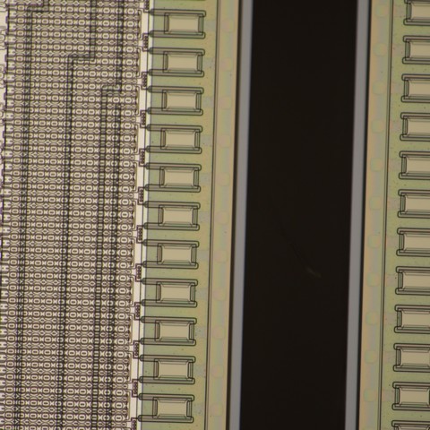 Top-down view of the same area with the membrane removed, showing polysilicon heating elements