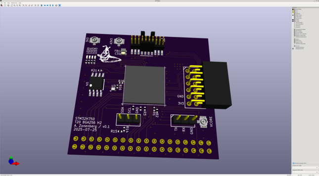 KiCAD 3D render of a board with a single big BGA MCU surrounded by connectors and not much else