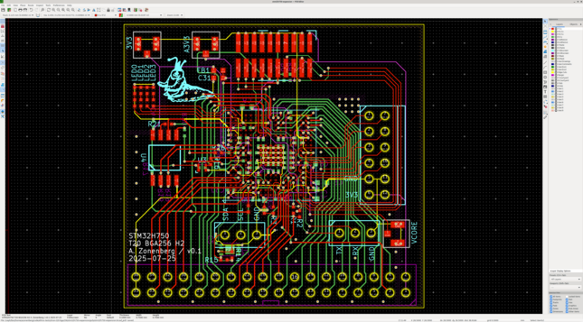 KiCAD layout view of the board showing dense routing on both outer signal layers