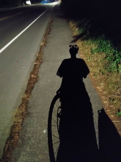 Shadow of me on my bike cast onto a sidewalk by a street lamp behind me.

A pair of night vision goggles, flipped up, can be seen poking out of the top of the helmet.
