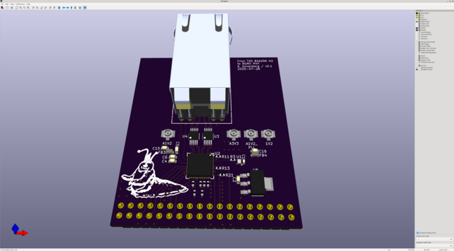 KiCAD 3D render of a purple PCB with a KSZ9031 PHY, an RJ45, and a bunch of passives going to a female pin header
