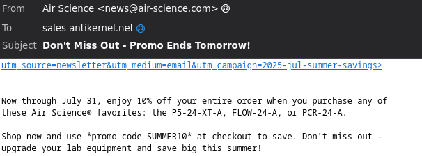 Email advertising 10% off sale for 24-inch fume hoods and PCR cabinets