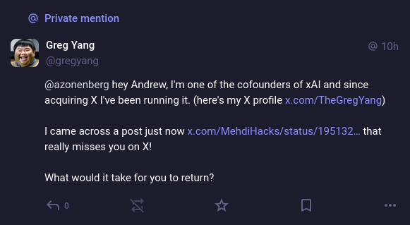DM allegedly from Greg Yang linking to a twitter post from someone about how they miss me over there and asking what it would take for me to return
