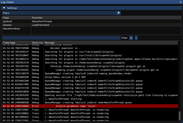 Log console showing messages with timestamps below a filter pane displaying a table of class and function names selected for detailed tracing
