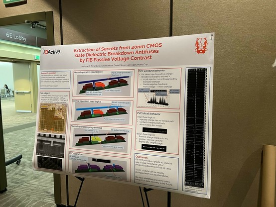 Research poster titled "Extraction of Secrets from 40nm CMOS Gate Dielectric Breakdown Antifuses by FIB Passive Voltage Contrast" including SEM/FIB cross sections, bitcell theory of operation, and a description of the PVC process