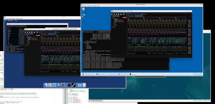 Remote desktop sessions to a Mac, a Windows 11 VM, and a Debian VM running ngscopeclient, seen over editors full of ngscopeclient source code