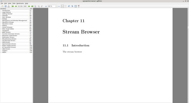 PDF viewer showing the ngscopeclient user guide with a section reading "The stream browser" then a blank page