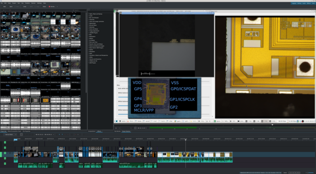 kdenlive screenshot showing a video being edited, featuring a live feed from a microscope camera and several annotated images next to it