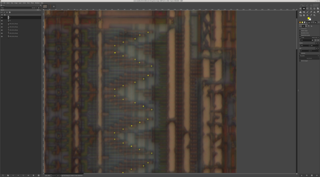 GIMP screenshot showing metal1/poly photo of SRAM address decoding with via1 traced in yellow and metal2 in blue drawn on top