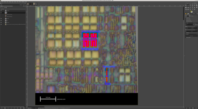 Poly image of the PIC12F683 with multicolored vector drawings over a few cells tracing out key features