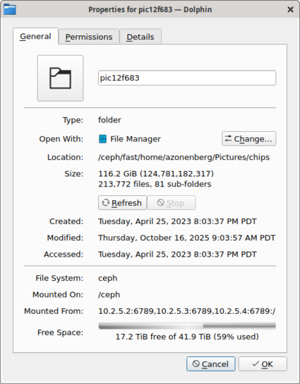 File browser properties window showing the PIC12F683 folder is now 116.2 GB and contains just under a quarter million images