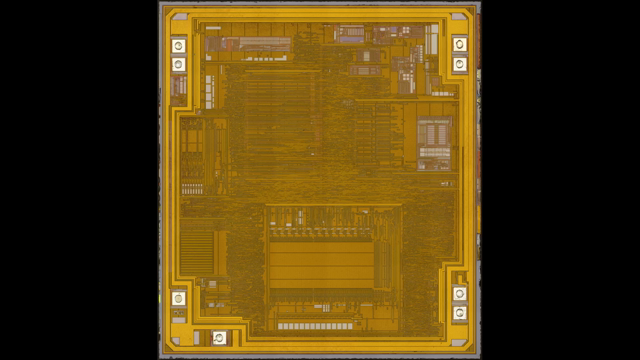Animation of the PIC12F683 die with layers slowly being etched away