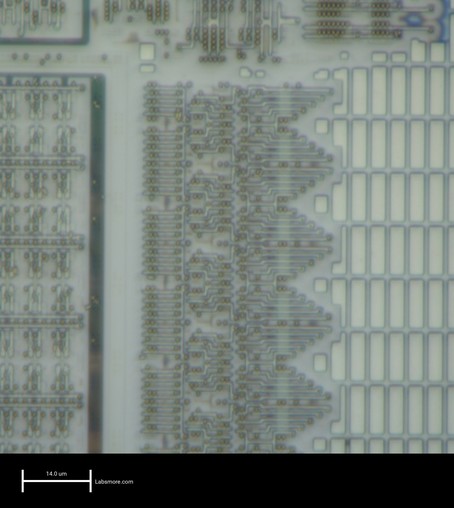 Polysilicon on the PIC12F683, almost colorless since most oxide is now etched off