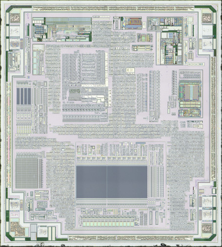 Full die overview of PIC12F683 with at substrate with traces of ILD still visible in some analog areas