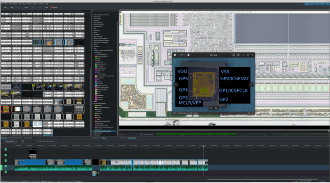 kdenlive screenshot showing a closeup of a polysilicon layer with an annotated package pinout floating above it