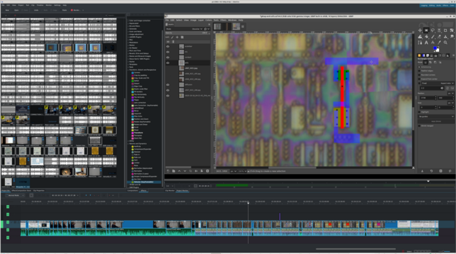 kdenlive screenshot showing me tracing a microscope photo in GIMP. The timeline shows a series of whiteboard lecture sections followed by the microscope views and the video is an hour and 38 minutes in length